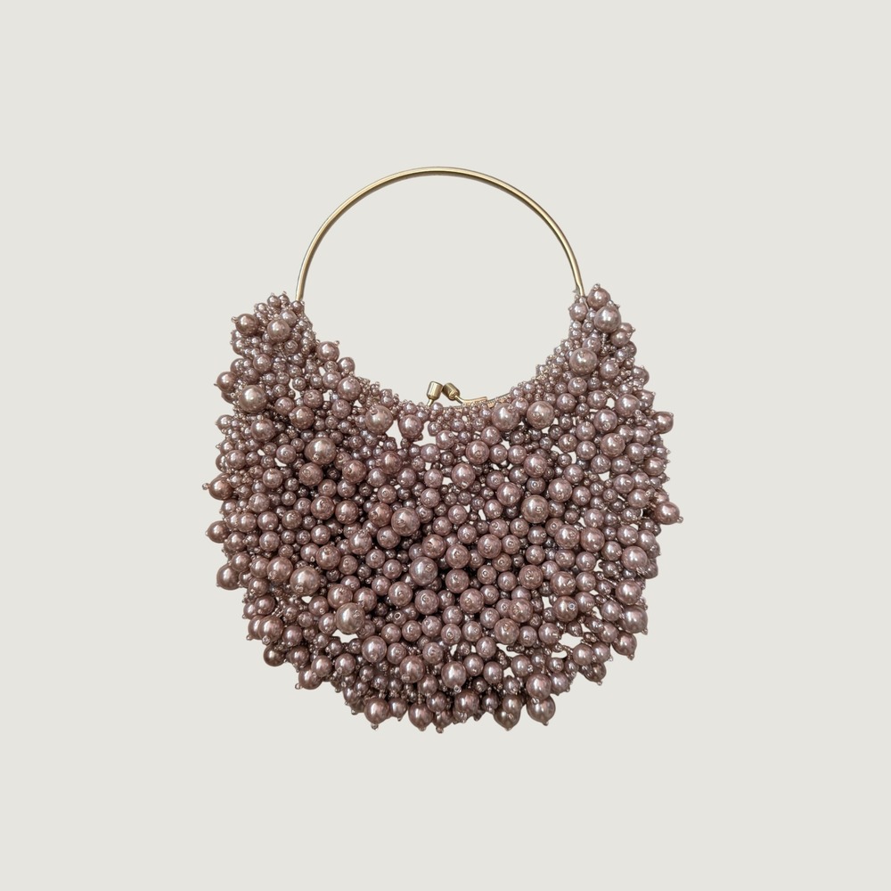 Ann Taylor Faux Pearl Beaded Ring Handle Evening Clutch Bag